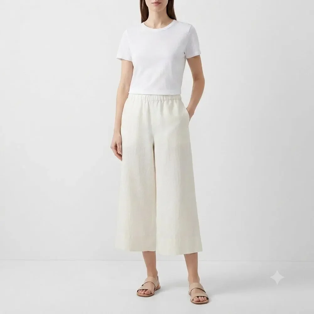 Banana Republic Off White 100% Linen Wide Leg Cropped Pants Fully Lined Size XL